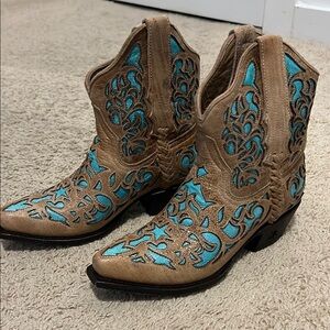 Brown and Blue Western Ankle Boots
